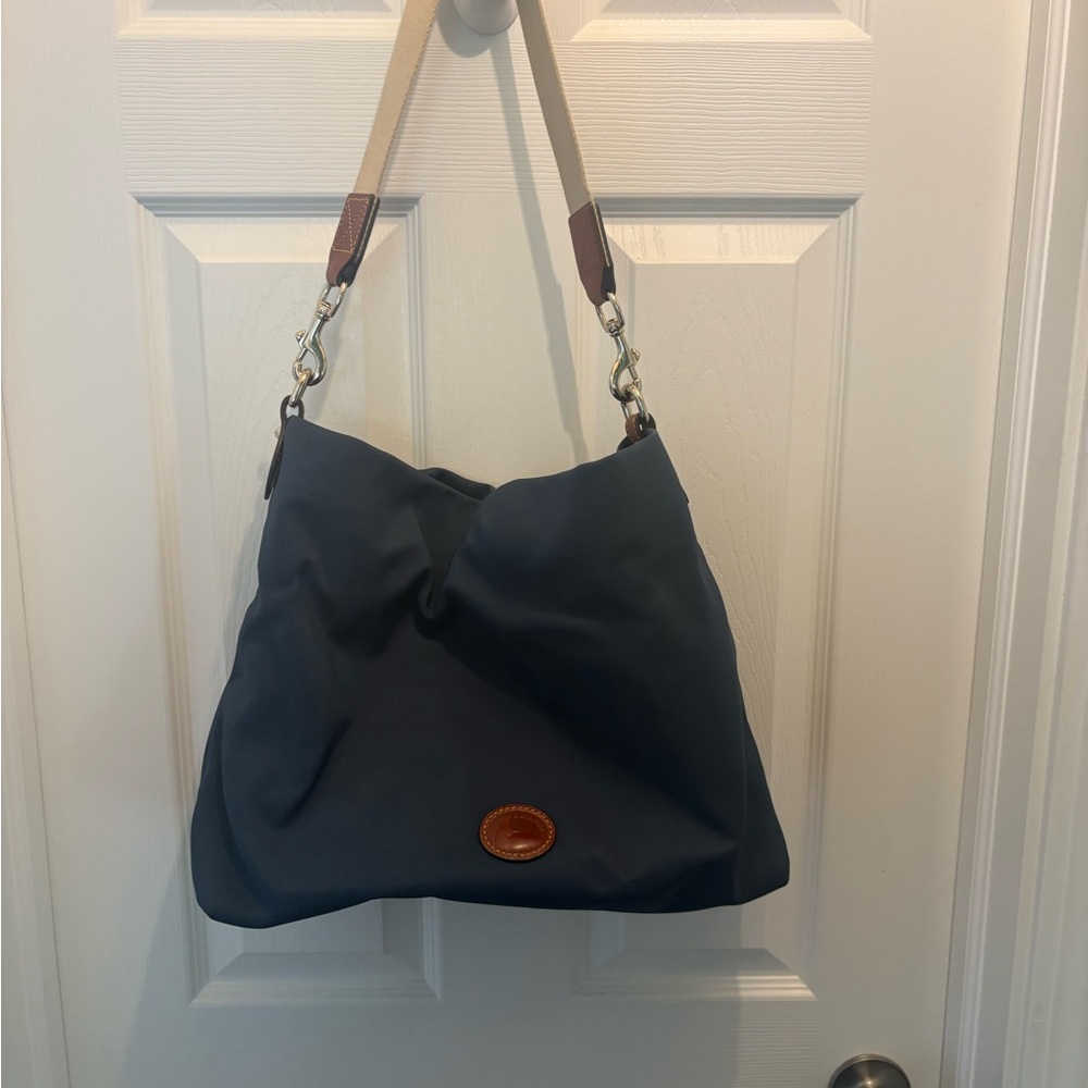 Dooney & Bourke Navy Canvas Shoulder Bag with Tan Strap